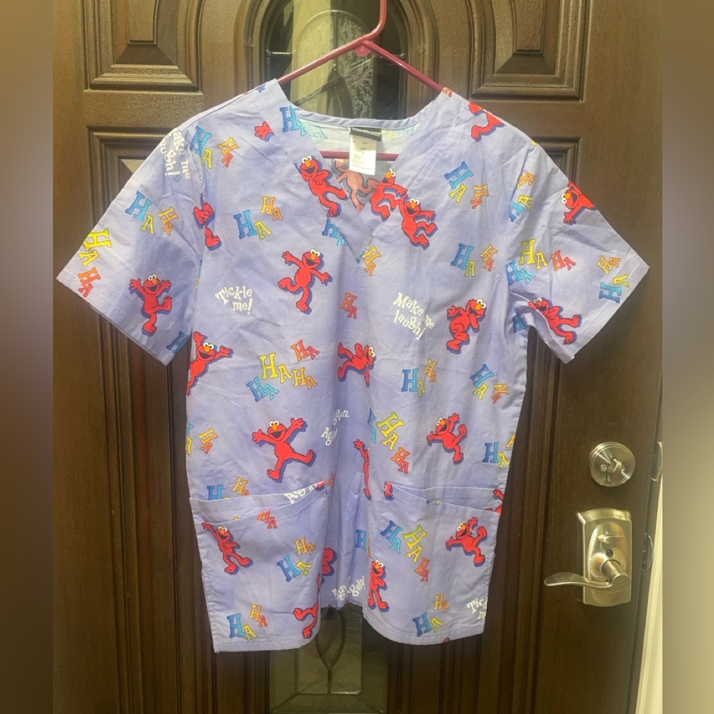 Sesame Street Elmo short sleeve v-neck scrub top with Seasame Street